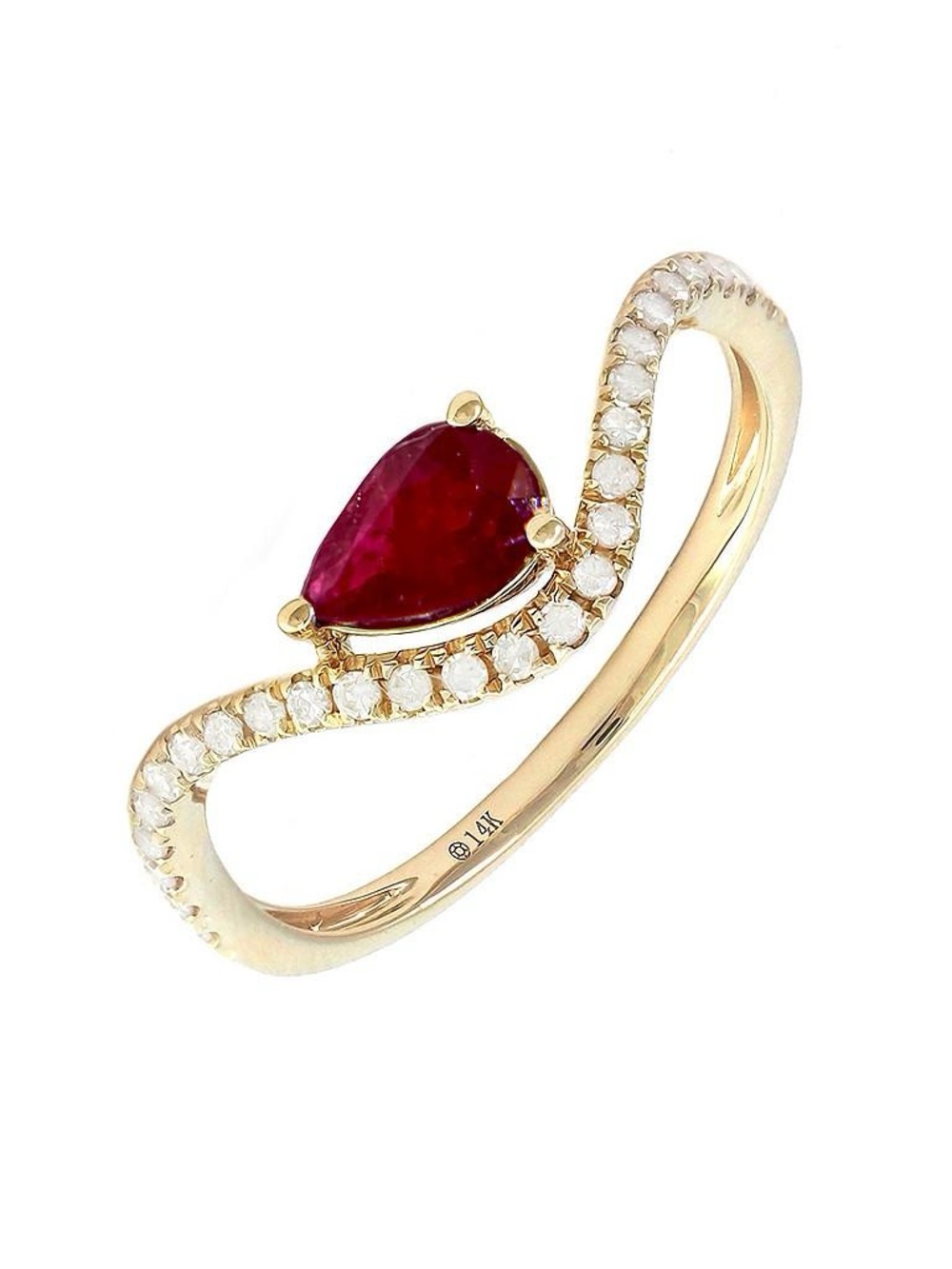 14K Real Yellow Gold Pear Prong Ruby & Diamond Ring 6.5"